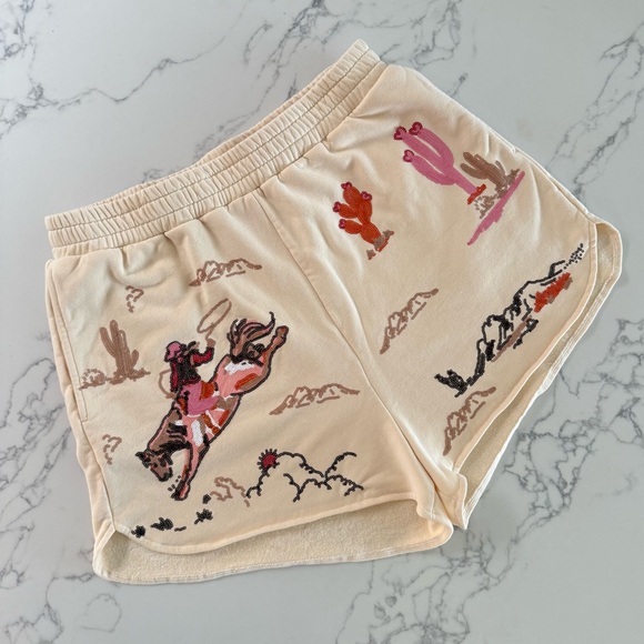QUEEN OF SPARKLES Pants - Queen of Sparkles Bucking Cowgirl Shorts - Beige - Size XL
